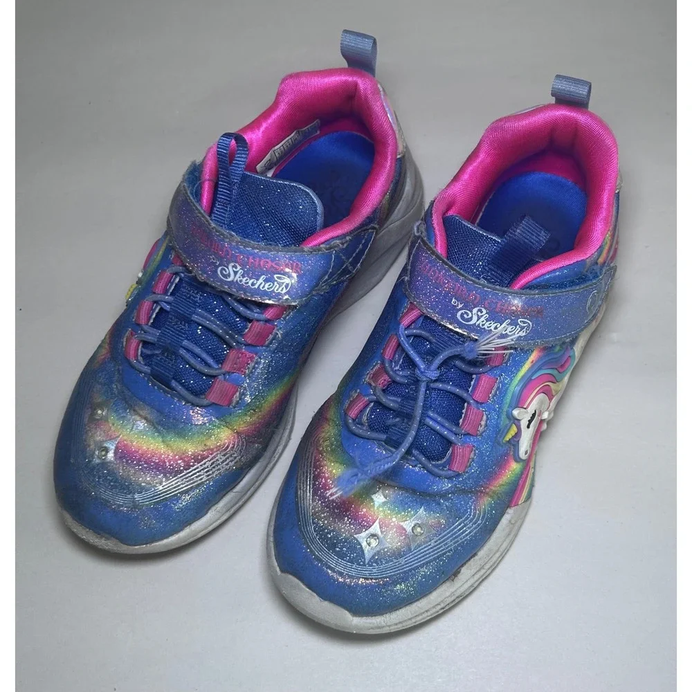 Skechers Unicorn Chaser Blue Rainbow Light Up Sneakers 302298L Girls Size 12
